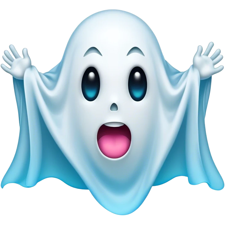 A hilariously exaggerated floating sheet ghost, its simple yet expressive form billowing with animated energy in vibrant whites and pale blues, with two wide, comically shocked eyes and a quirky, startled mouth, simplified yet overflowing with personality, highly detailed with a soft neon-like glowing outline, capturing the playful absurdity of a ghost caught off guard! emoji