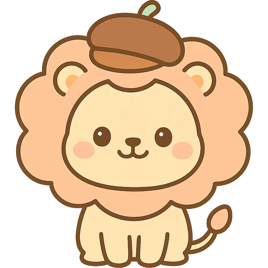 chibi kawaii lion, chestnut hat, round face, soft gentle colors, smiling warmly emoji