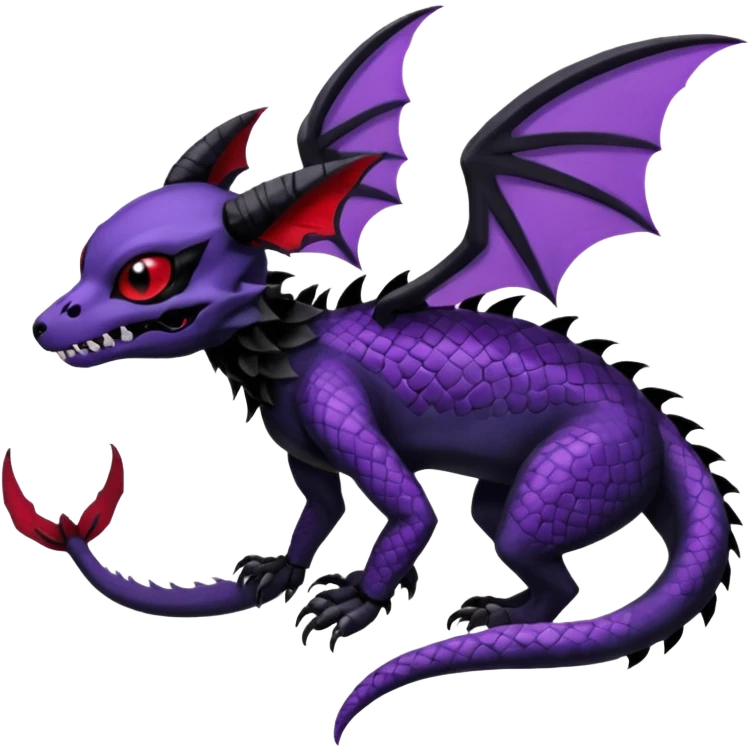 Gothic spooky Scaley Exotic Salandit-Umbreon-Noibat-Fakémon-hybrid-creature (full body), 4 legs, white skull face mask emoji