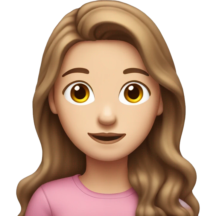 emoji of a white girl with long brown hair that falls below her shoulders. She has a friendly expression and is wearing bright clothing. The background should be a soft pastel color emoji