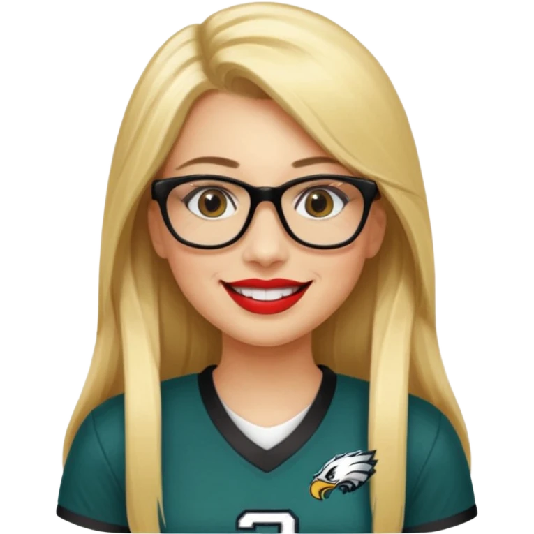 long blonde straight hair, black small glasses, smiling, lipstick, full length eagles football uniform, 33 emoji
