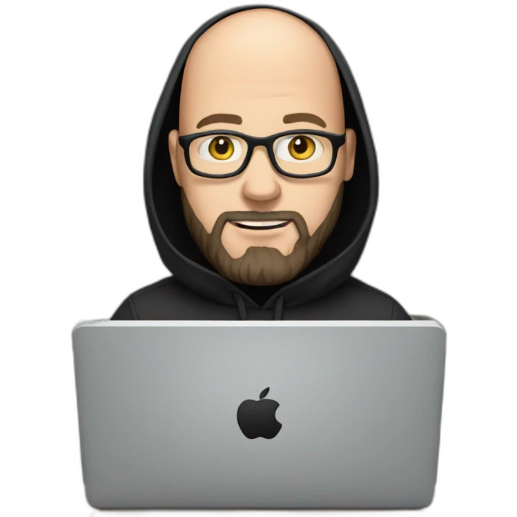 bald white man with glasses and a black beard typing on apple computer wearing a black hoodie emoji