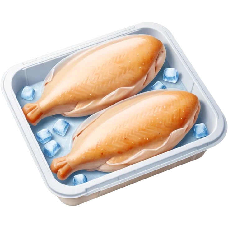 A pack of frozen chicken breasts inside a home freezer, sealed in clear plastic packaging with frost on the surface. The freezer shelves have other frozen items in the background, and cool white light reflects off the ice. Realistic photography, everyday kitchen scene. emoji