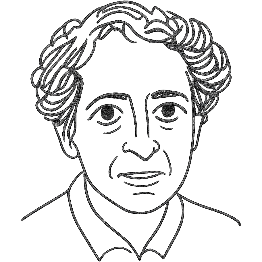 a hand drawn black outline portrait of Hannah Arendt with similar size eyes based a famous photograph of her emoji