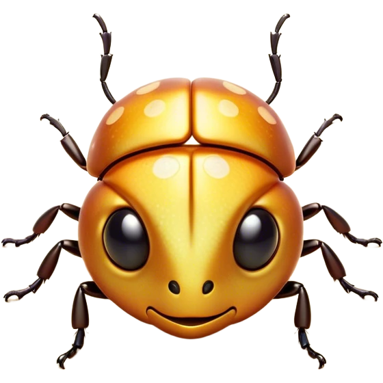 Cinematic Cute Beetle Portrait Emoji, Head tilted playfully and inquisitively, featuring a diminutive, charming body with a glossy, intricately patterned shell and round, sparkling eyes full of endearing wonder, Simplified yet irresistibly adorable features, highly detailed, glowing with a warm, inviting metallic glow, high shine, affectionate and lively, stylized with a touch of whimsical insect elegance, soft glowing outline, capturing the essence of a mischievous beetle that seems as if it could scuttle out of the screen into your arms! emoji