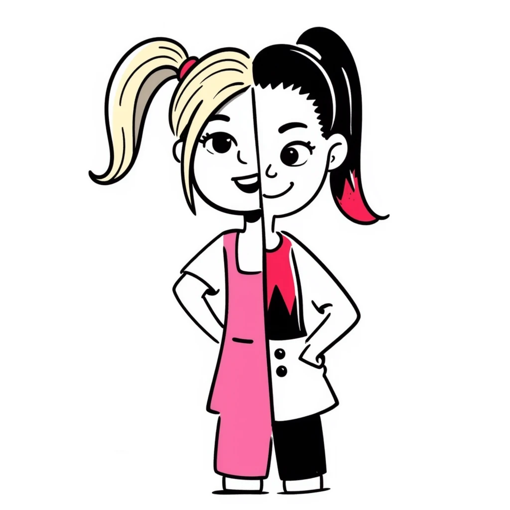 A combination of Margot Robbie as Barbie and Harley Queen (half-face) emoji