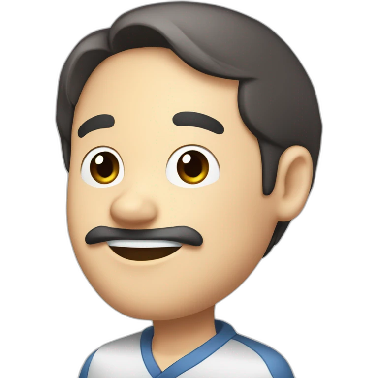 Cute dark brown-haired Japanese uncle with a smiling, thick round face, slightly droopy eyes, thin eyebrows and a large head, holding a colored brush and a graphite pencil emoji