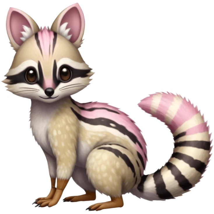 Pastel White with pastel Pink-spotted numbat-genet-Trico-Vernid-Cacomistl-Fakémon-hybrid-fusion-creature (full body) emoji