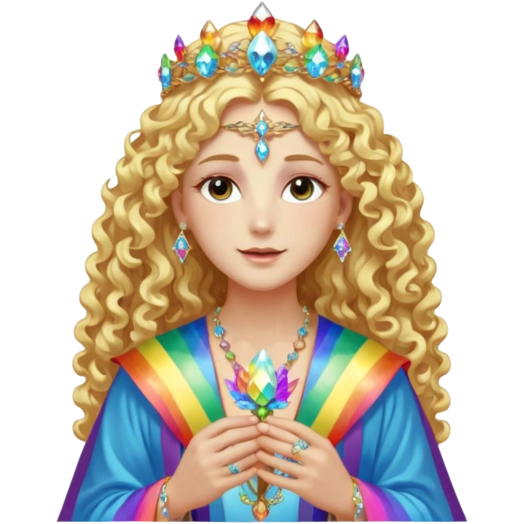 a being made of light pleidian nordic long faces and curly blond hair but beautiful features of light wearing jewels and a rainbow halo like a saint arount herwith a robe on made of light and diamonds semi transparent belly dancer and who is lanky holding a bouquet of crystal flowers on rainbow fire emoji