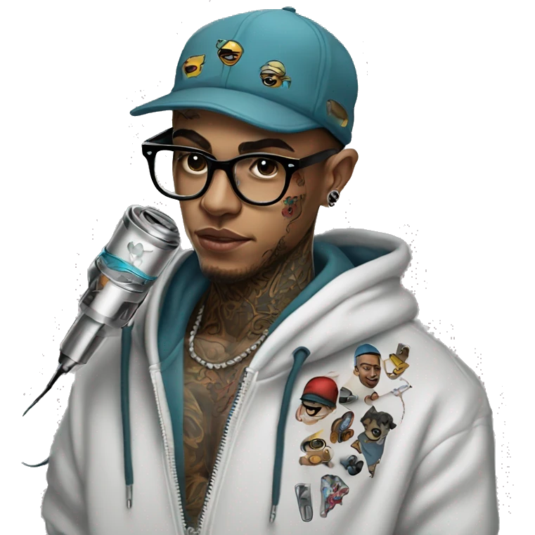 cap hoodie and glasses boy tattoo artist with tattoo holding tattoo machine emoji