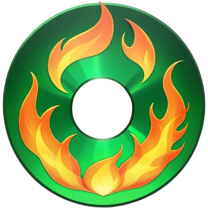 A minimalist CD disc with a subtle fire design, green flames emoji