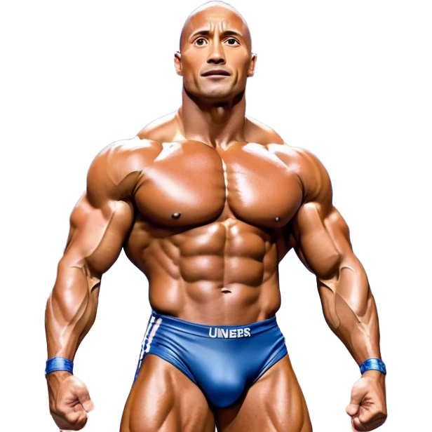 Dwayne Johnson, covered in oil, on stage at a Mr. Universe bodybuilding competition, striking a 'Side Triceps' pose. His defined muscles gleam under the bright lights, with the audience and judges in the background, capturing the intense focus and strength of the moment. Transparent background. emoji