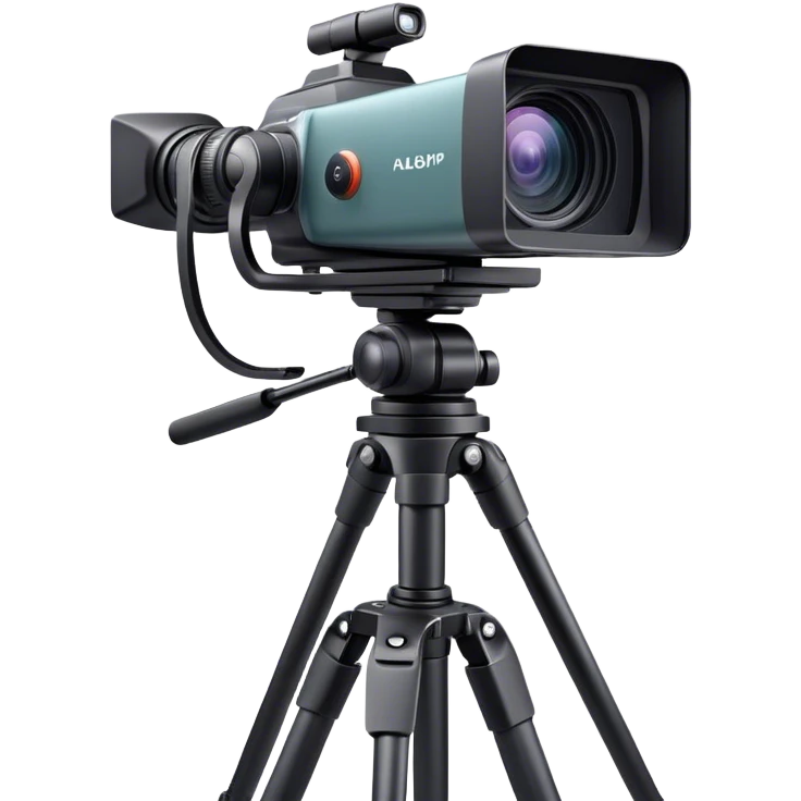 Create an emoji for video recording. Show a  single lens professional video camera with screen and image on it, on heavy tripod. Use modern, professional colors. Do not include any emojis or smiley faces. Make the background transparent. emoji
