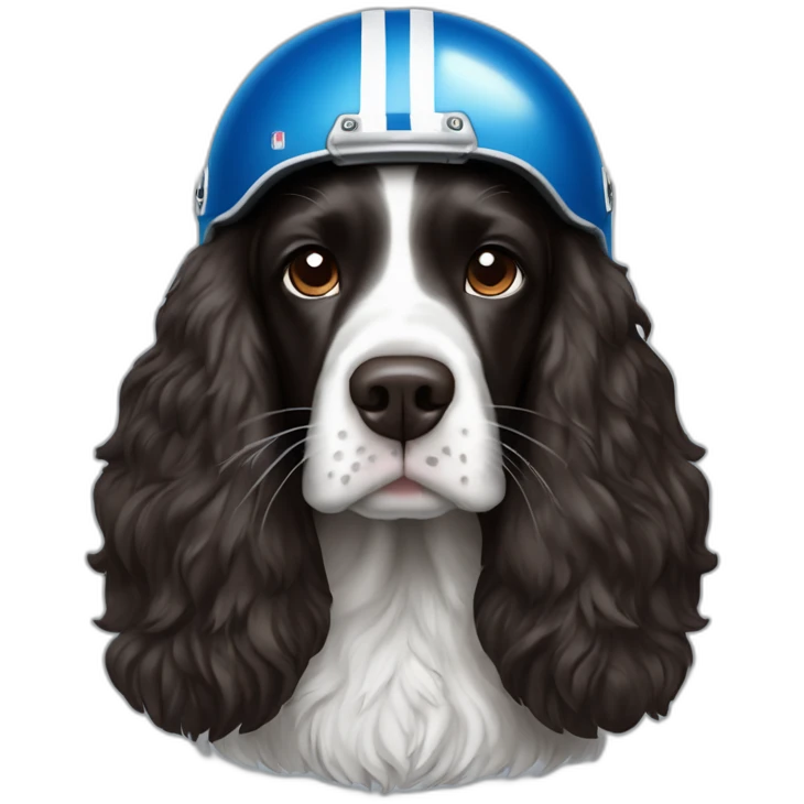 black springer spaniel wearing detroit lions football helmet emoji