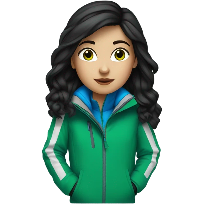 White girl, black hair, blue eyes, skiing, green jacket emoji