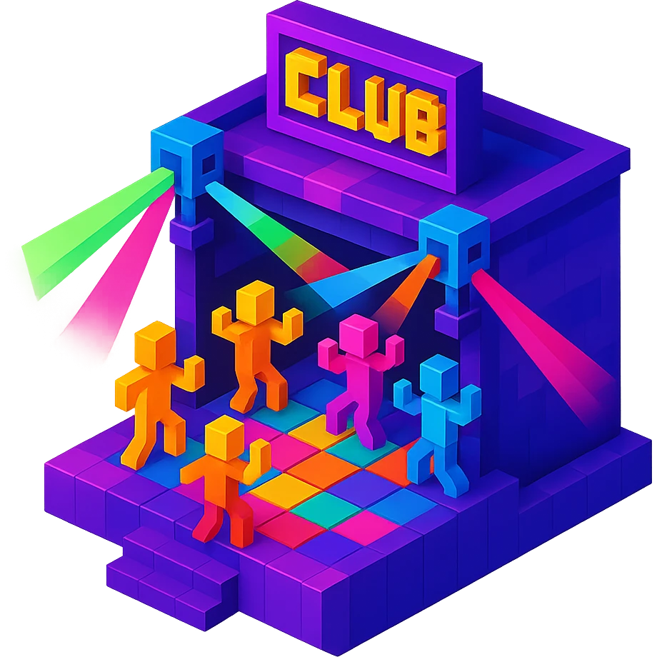 nightclub with dynamic laser lights, a dance floor, and a futuristic vibe emoji