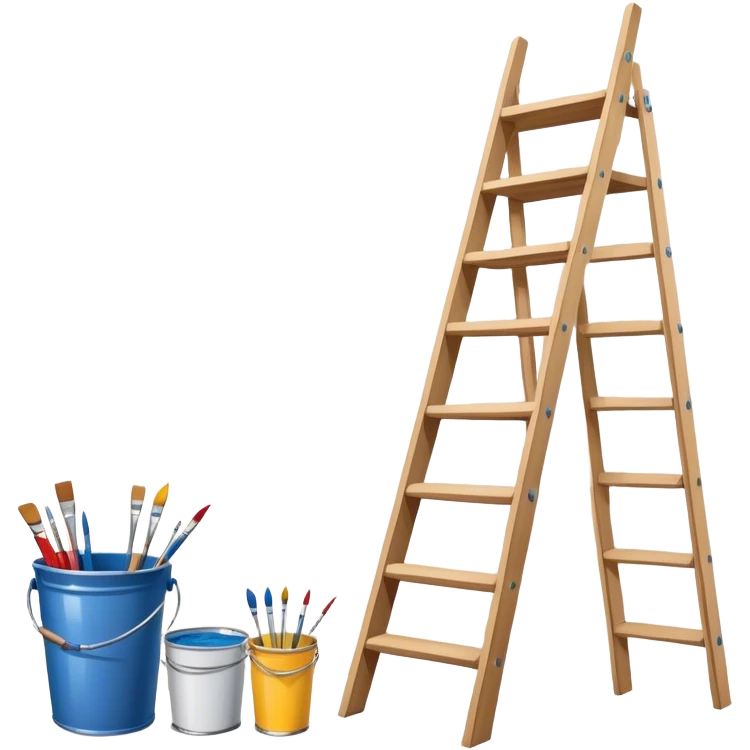 Wall painting icon, wall with an unfinished painting, no frame, a beautiful mural in progress, visible paintbrushes, rollers, and a bucket of paint, wooden ladder beside, minimalistic style, clean lines, transparent background. emoji