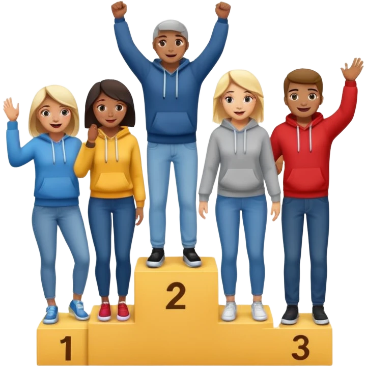 winners podium with multi-racial people, center step higher, no numbers, fun casual clothes like jeans and hoodies, excited fun expressive emoji style emoji