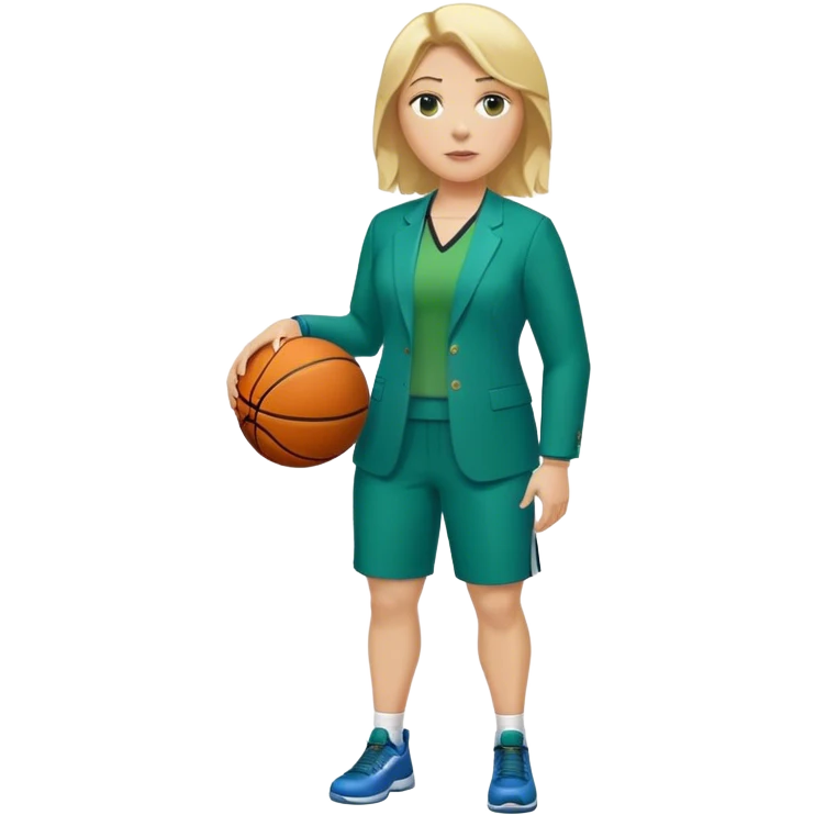 Full Body white plus size female basketball head coach with basket ball and clipboard  blonde hair past the shoulder length in a blue and green suit emoji