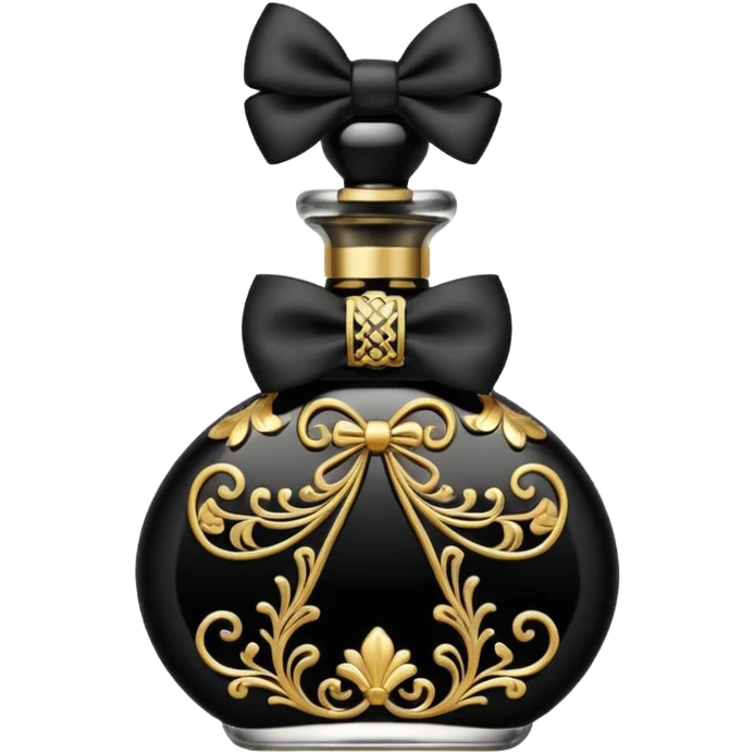 Black perfume bottle with black bow and ornate gold accents emoji