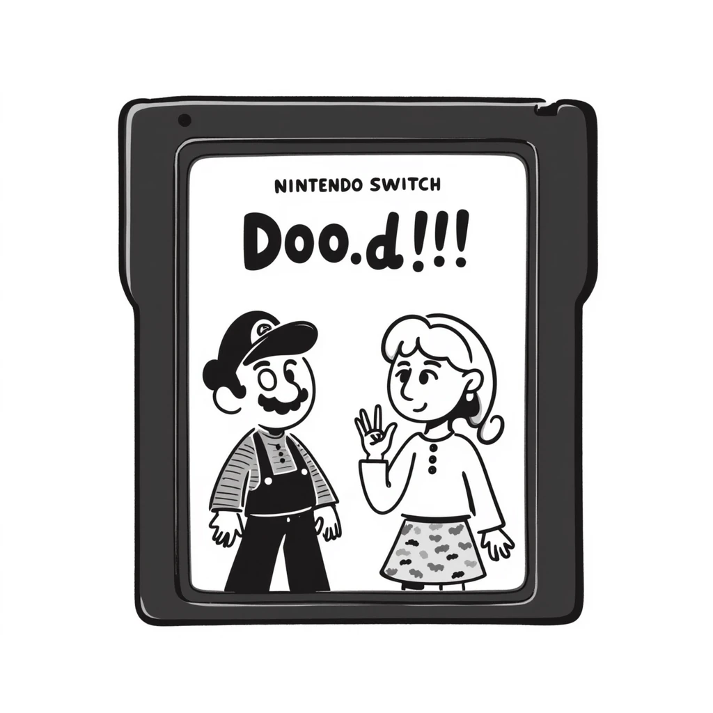 A hand-drawn Nintendo Switch game cartridge with game characters sketched on the label emoji