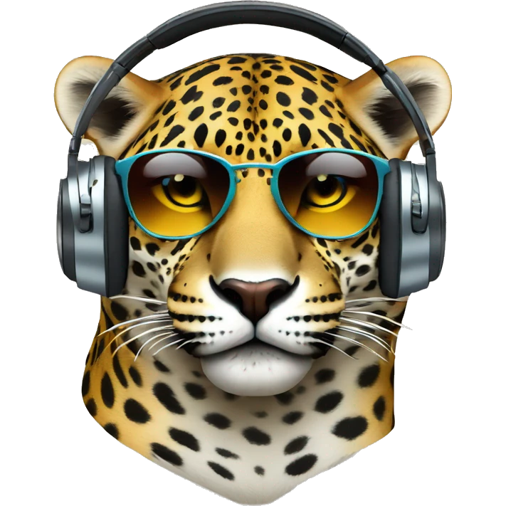 fashionable jaguar dj, emoji head, looking forward, wearing reflective sunglasses, wearing colorful big over-ear headphones on top of head emoji