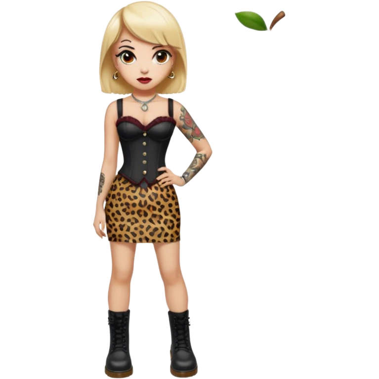 pin-up emoji, light skin, big eyes, maroon lips, brown hair with rockabilly bangs and blonde streak, leopard corset, black pencil skirt, Dr. Martens boots, old school tattoos, compact and rounded, Apple/iPhone emoji style, transparent background emoji