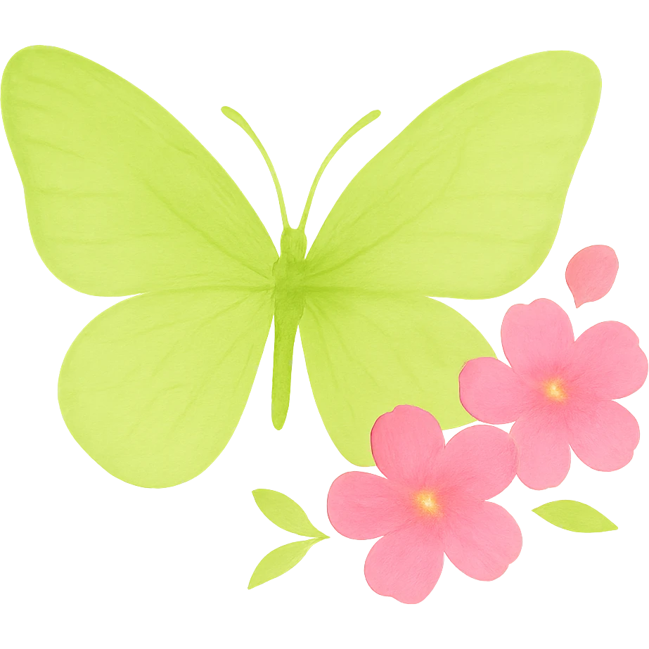 Create a one-to-one butterfly and flowers as in the example image. The butterfly should be green with color #c0ff53. The flowers should be bright neon pink. Add more sparkle, glow, and subtle gold details. Use a watercolor art style. Remove the background. emoji