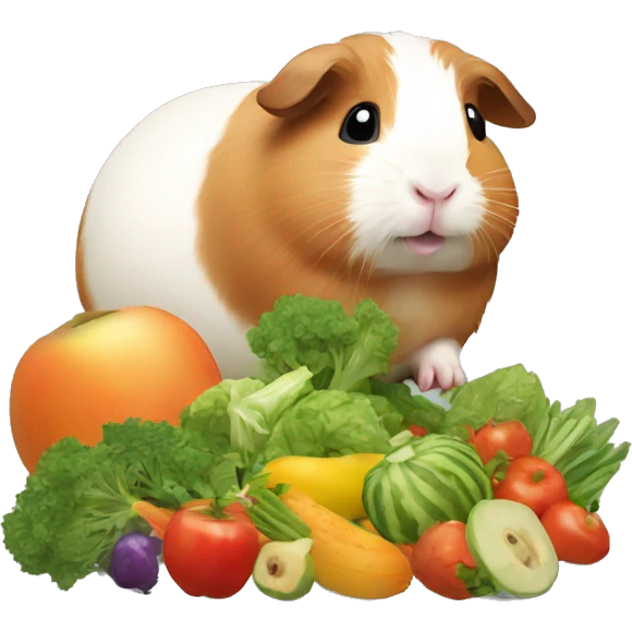 Guineapig playing and eating a huge pile of veggies and fruit emoji