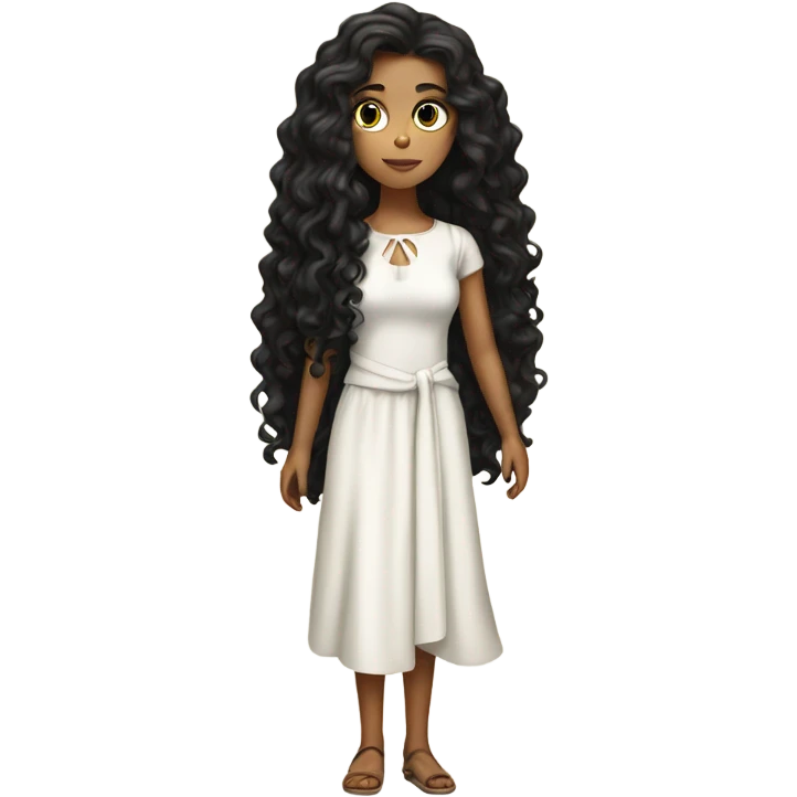 Tan girl with black long curly hair and white tied dress full body emoji
