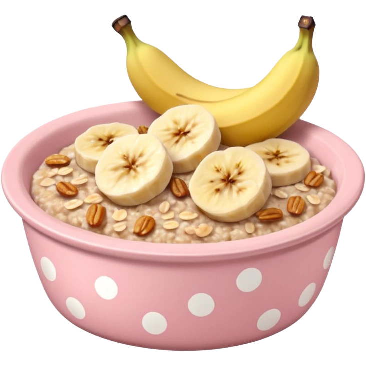 baked oats in a bowl like oat meal with a couple banana slices on top that look a little bit caramelised and a light pink bowl with white polka dots emoji