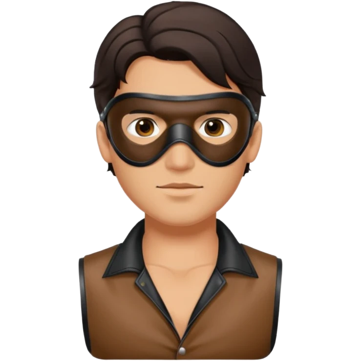 brunette man with leather eye mask and leather halter neck blouse emoji