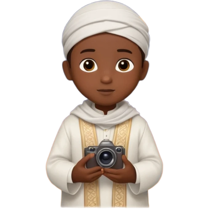 Personnage 3D mignon en style Pixar, un petit garçon portant un qamis blanc et un kufi, tenant un tapis de prière, entouré de lanternes brillantes, fond doux, couleurs chaudes, garçon teint noir TENANT UN APPAREIL PHOTO emoji