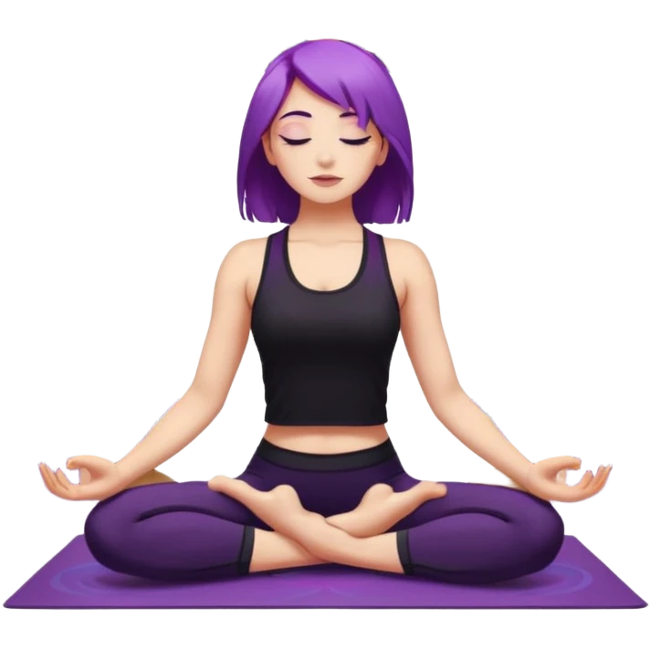 A young woman with purple hair doing yoga in the camel pose (Ustrasana), wearing a black sports outfit, minimalistic background with mandala pattern and colorful stars, soft lighting, peaceful atmosphere, digital illustration style. emoji