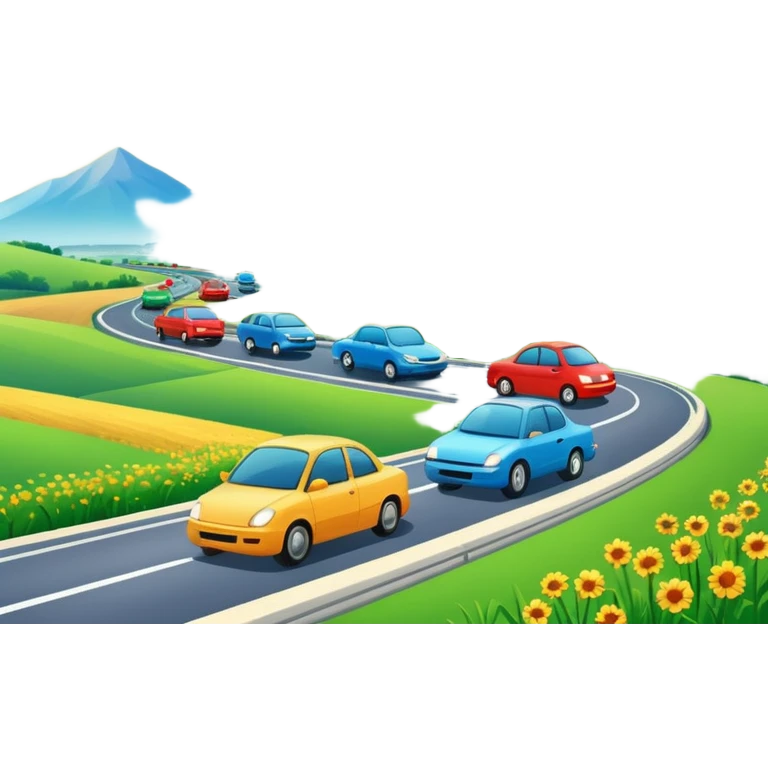 A busy highway with fast-moving cars, surrounded by green fields and distant mountains under a bright blue sky emoji