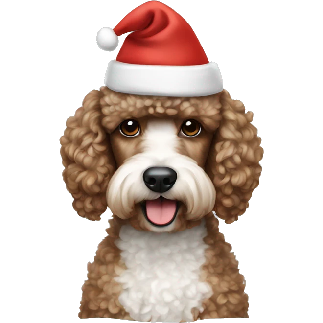 Brown and white Poodle wearing a Santa hat emoji