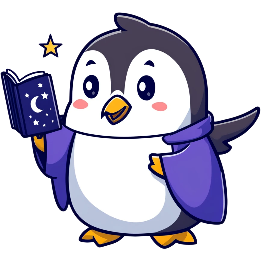 Cute penguin wizard with a flowing starry robe and magical spellbook emoji