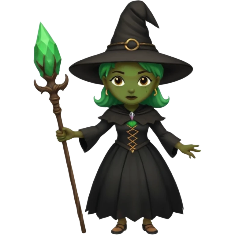 ведьма-африканка с зеленой кожей, без украшений в черном платье и черной ведьминской шляпе с посохом emoji