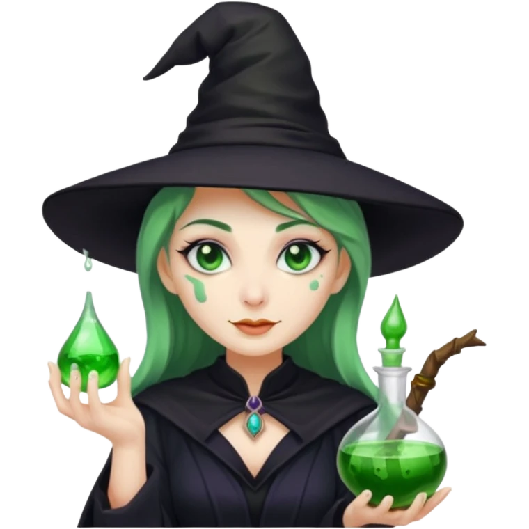 Witch with Green Skin – long-nosed witch in black hat holding potion emoji