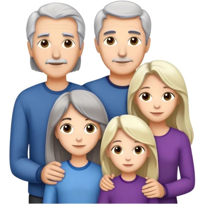 Family of five dad 65 grey hair mother 53 dark medium hair son 16 tall dark hair daughter and 15 blonde long hair daughter 11 long dark hair emoji