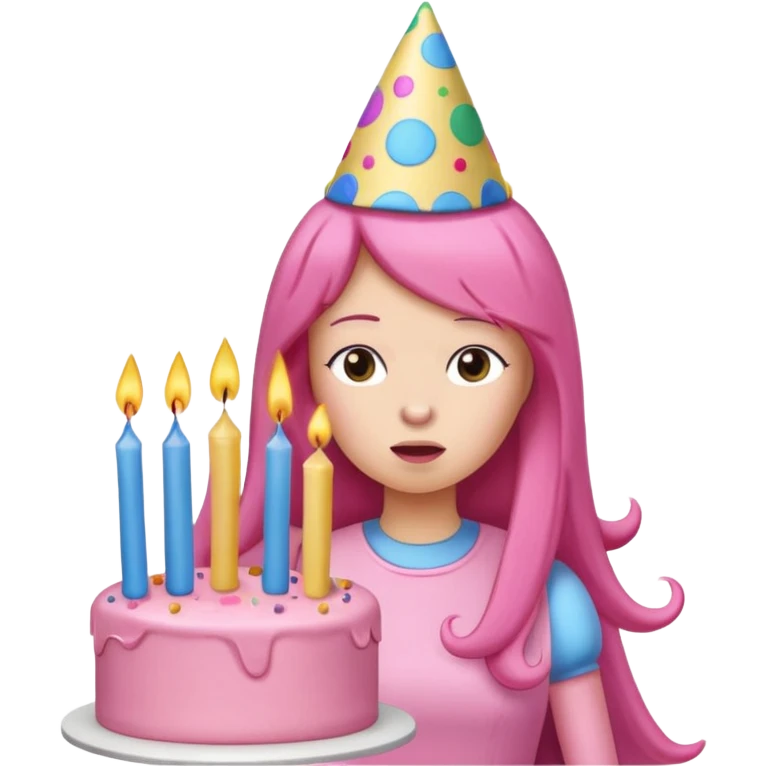 Princess Bubblegum with a party hat, blowing out candles on a cake, no text emoji