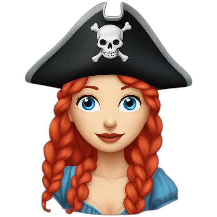 Woman long red platted hair hanging down to left, pirate hat. One side of head has no hair. Blue eyes. skull and crossbones t shirt emoji