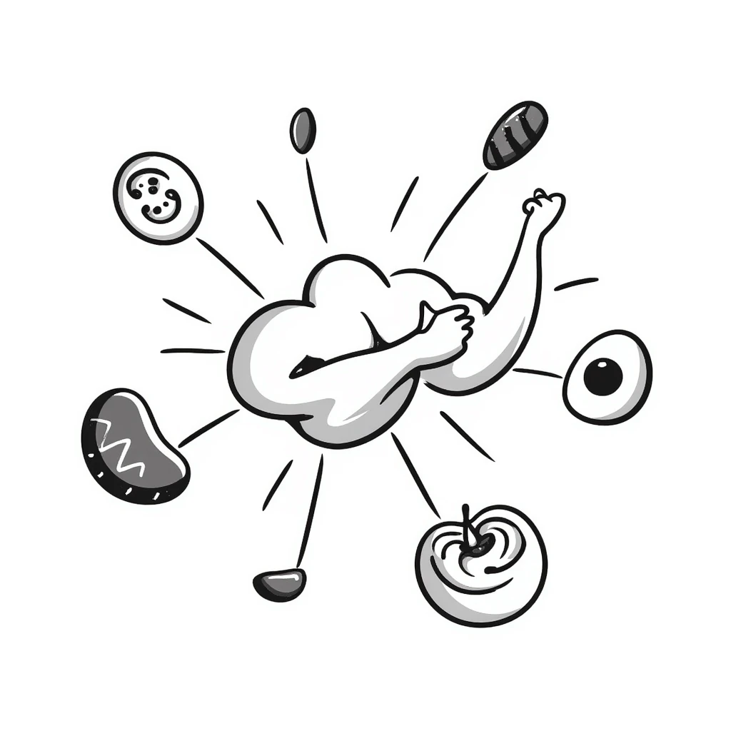 Glowing muscle fibers in the center, with protein foods (meat, egg, beans, tofu, yogurt) floating around but connected to each other forming a unified chain or cluster orbiting the muscle fibers. emoji