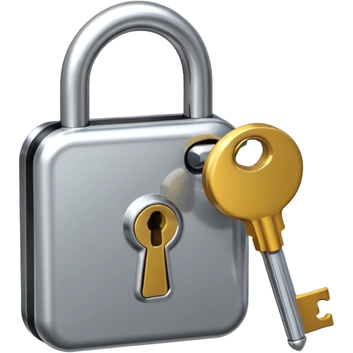 A chrome silver lock and key emoji, smooth metallic surfaces, glossy reflections, luxury swag vibe, minimal iOS emoji style, centered on clean white background emoji