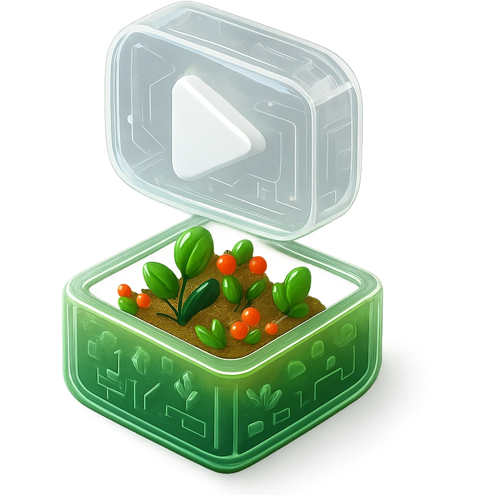 white YouTube play button inside a garden box emoji