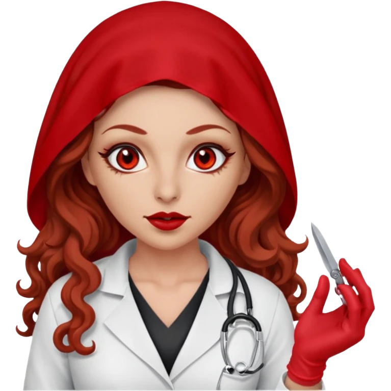 Lilith scalpel in hand, evil surgeon sexy surgeon clothes.  She has red eyes. She brown long curly hair. Wears sexy doctor outfit with red gloves. Wears red burka to hide her mouth and nose emoji