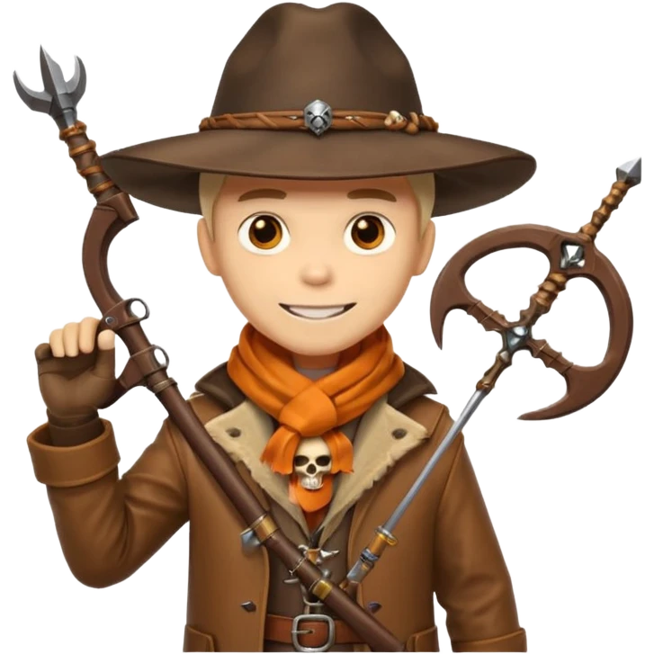 male human monster hunter emoji, wearing brown leather coat and wide hat, holding crossbow or rifle, with amulet shaped like skull, Halloween fantasy theme, confident smile, orange scarf, Apple emoji style, clean white background, square image emoji