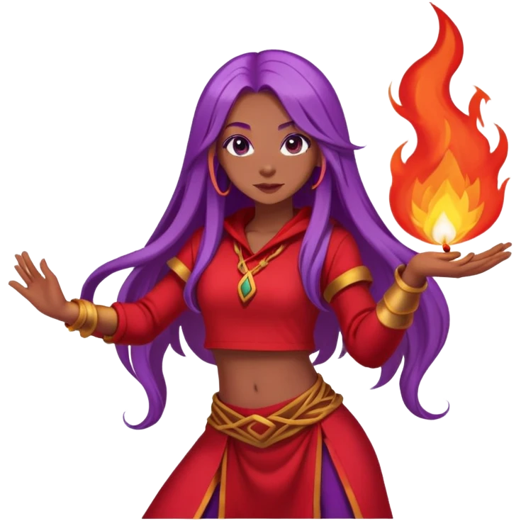 Fire contact poi dance, girl with long purple hair, red clothes emoji
