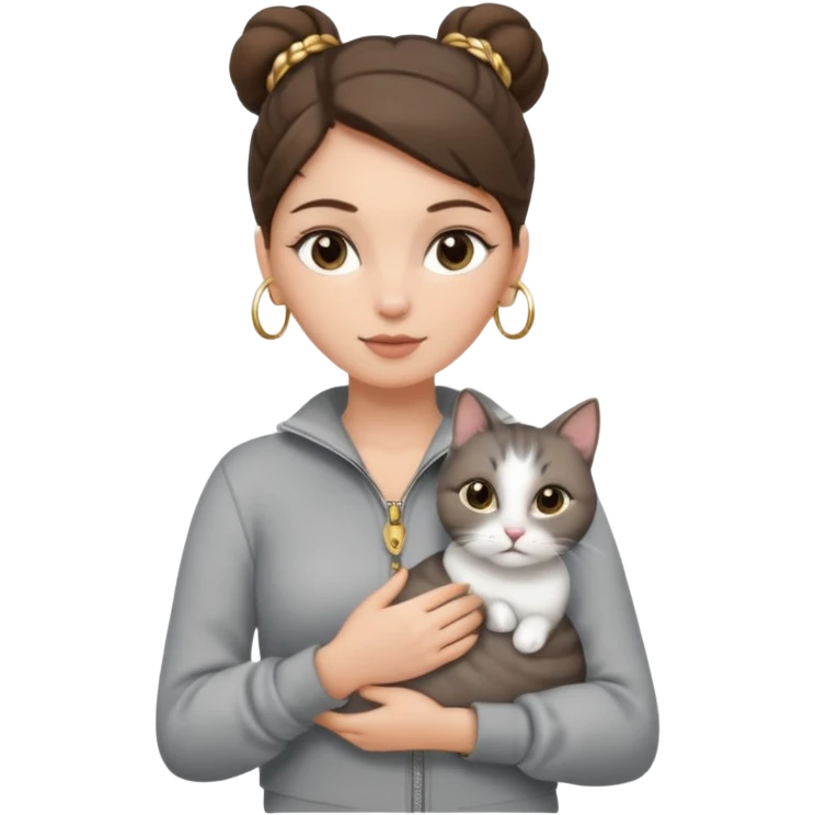a white girl with brunette hair in a one single bun holding a grey cat. the girl has long lashes and has on a grey zip up that is half way zipped  and under a white shirt and gold jewelry that is gold bracelets. emoji