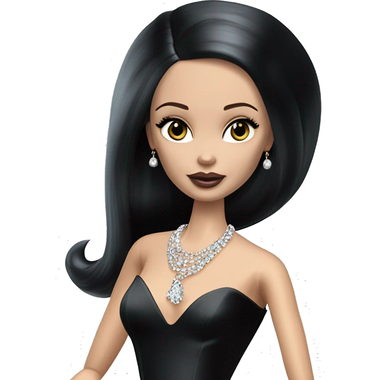Hot Mortcia Addams Barbie. Slinky silk well-fitted, backless black dress. very pale complexion. simple jewelry. Bedroom eyeshadow. Dark straight hair. emoji